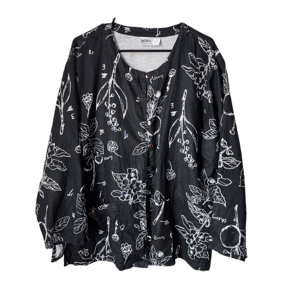 KIKO comfort clothing 100%‎ linen top Black Floral button front lagenlook L
